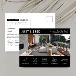 Just Listed Property Black Real Estate Marketing Postcard<br><div class="desc">Modern Just Listed Real Estate marketing postcard with space for your logo, property photo and property details with icons. This fully customisable black and white Property For Sale promotional postcard features a professional design with space for your custom text and property details. An easy way to advertise your house or...</div>