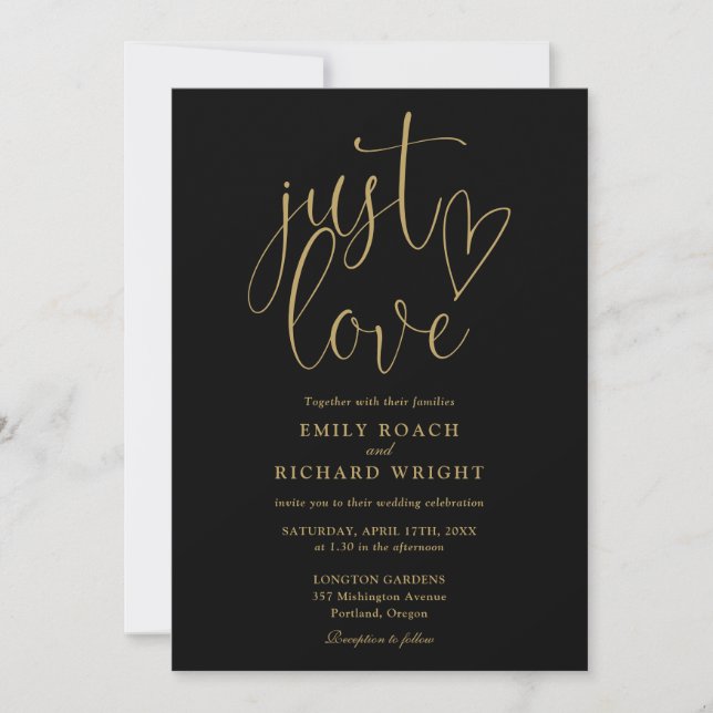 Just Love All In One Black And Gold Wedding Invitation (Front)