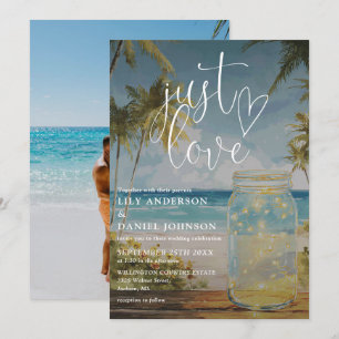 Just Love Beach Palm Tree Mason Jar Photo Wedding Invitation