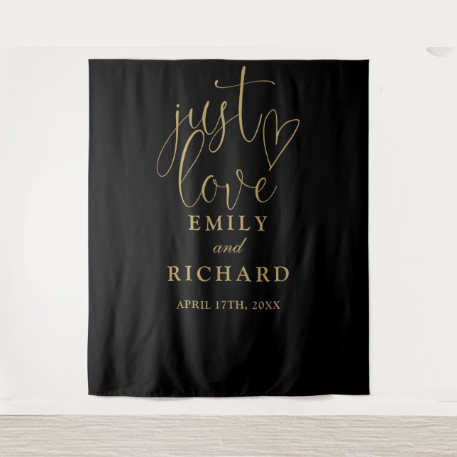 Just Love Black And Gold Wedding Photo Backdrop Tapestry (Front)