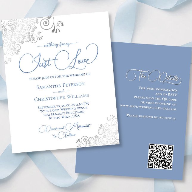 Just Love Blue QR Code BUDGET Wedding Invite (front/back)
