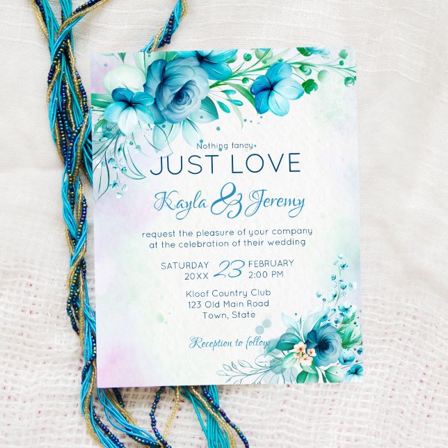 Just love blue teal flowers budget wedding invite (Creator Uploaded)