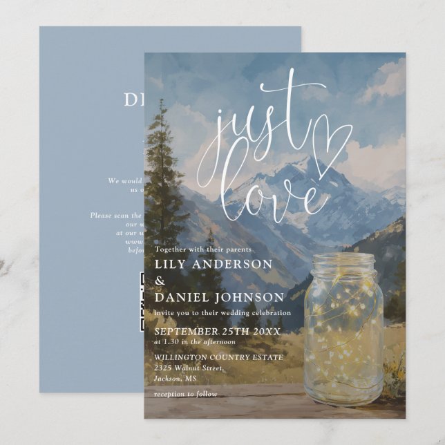 Just Love Boho Mountain Mason Jar QR Code Wedding Invitation (Front/Back)