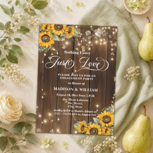 Just Love Brown Wood String Light Engagement Party Invitation