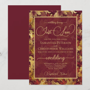 Just Love Burgundy & Gold Autumn Leaves Wedding Invitation