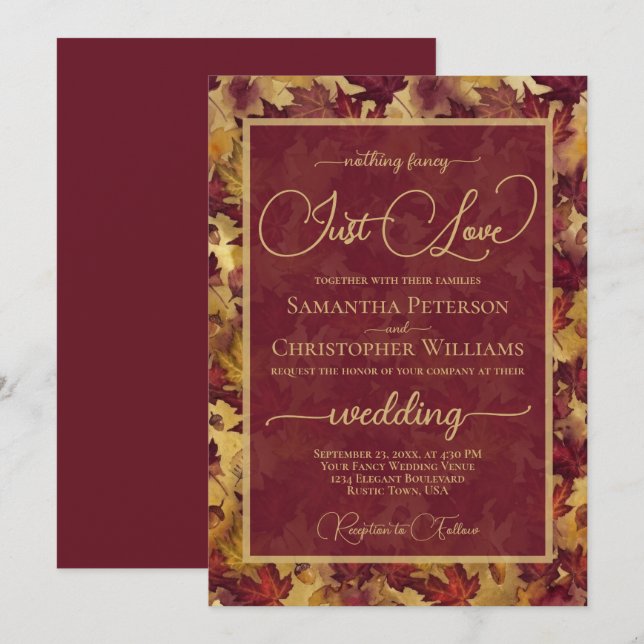 Just Love Burgundy & Gold Autumn Leaves Wedding Invitation (Front/Back)