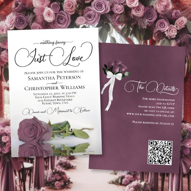 Just Love Chic Dusty Mauve Rose QR Code Wedding Invitation (Front/Back)