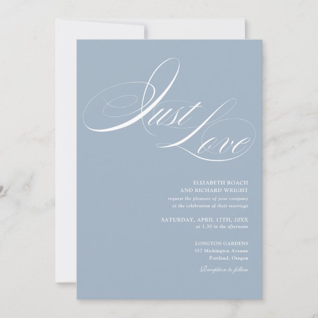 Just Love Chic Script QR Code Dusty Blue Wedding Invitation (Front)