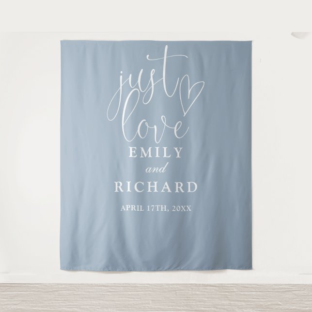 Just Love Dusty Blue Wedding Photo Backdrop Tapestry (Front)