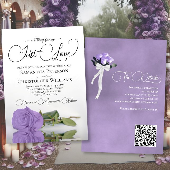 Just Love Elegant Lavender Rose QR Code Wedding Invitation (Front/Back)