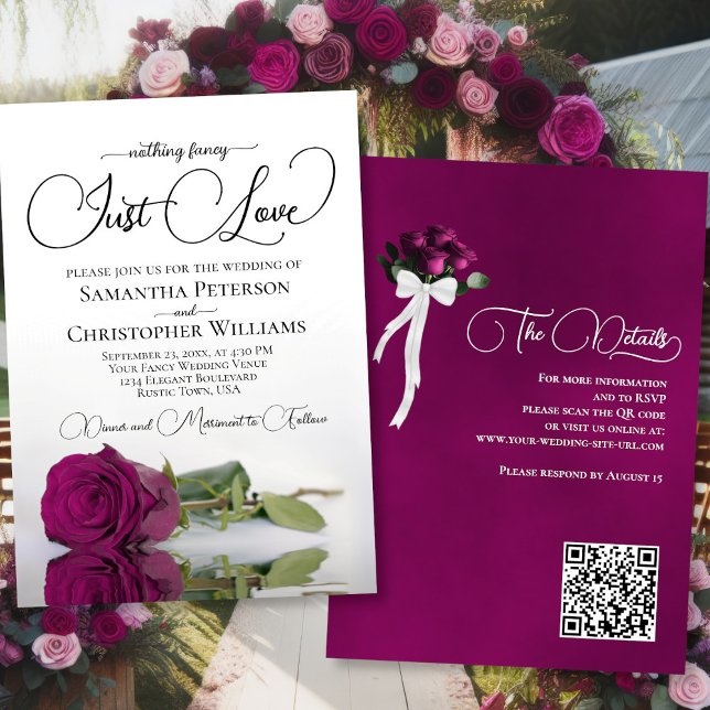 Just Love Elegant Magenta Rose QR Code Wedding Invitation (Front/Back)