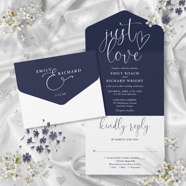 Just Love Elegant Script Navy Blue Wedding All In One Invitation (Just Love Elegant Script Navy Blue Wedding All In One Invitation)