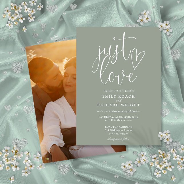 Just Love Elegant Script Photo Sage Green Wedding Invitation (Just Love Elegant Script Photo Sage Green Wedding Invitation)