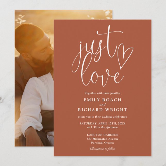 Just Love Elegant Script Photo Terracotta Wedding Invitation (Front/Back)