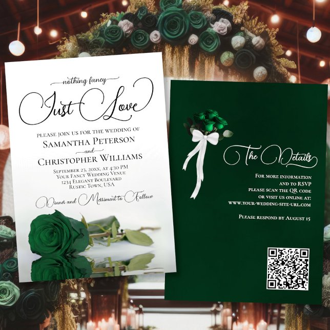 Just Love Emerald Green Rose QR Code Wedding Invitation (Front/Back)