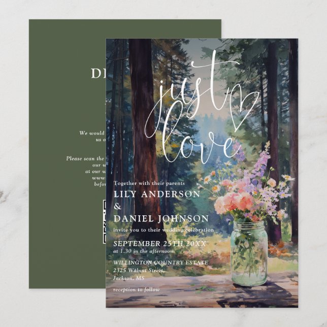 Just Love Forest Floral Mason Jar QR Code Wedding Invitation (Front/Back)