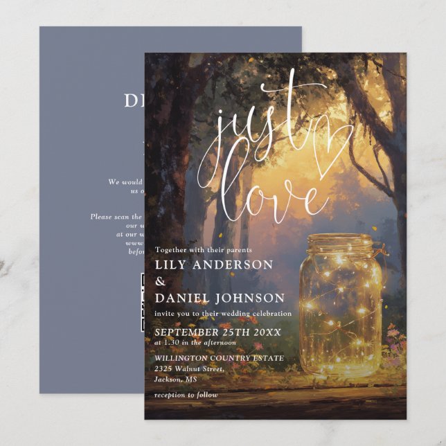 Just Love Magical Forest Mason Jar QR Code Wedding Invitation (Front/Back)