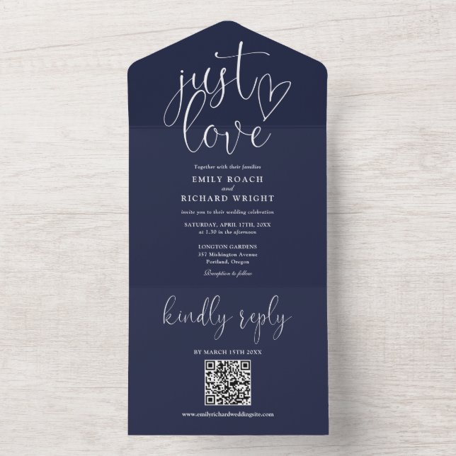 Just Love Modern QR Code Navy Blue Wedding All In One Invitation (Inside)