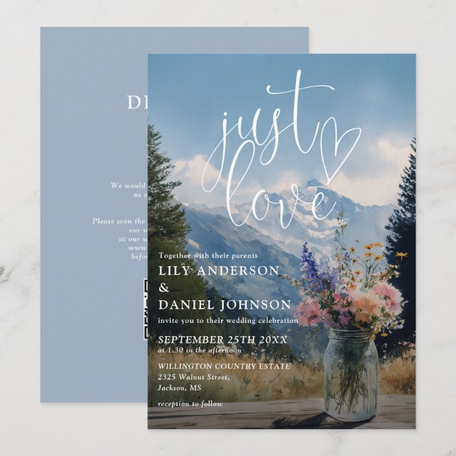 Just Love Mountain Rustic Floral QR Code Wedding Invitation (Front/Back)