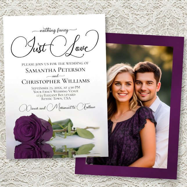 Just Love Plum Purple Rose Photo on Back Wedding Invitation (Front/Back)