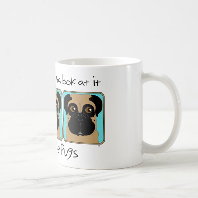 Just Love Pugs Quote and Funny Pugs Looking Around Coffee Mug (Right)