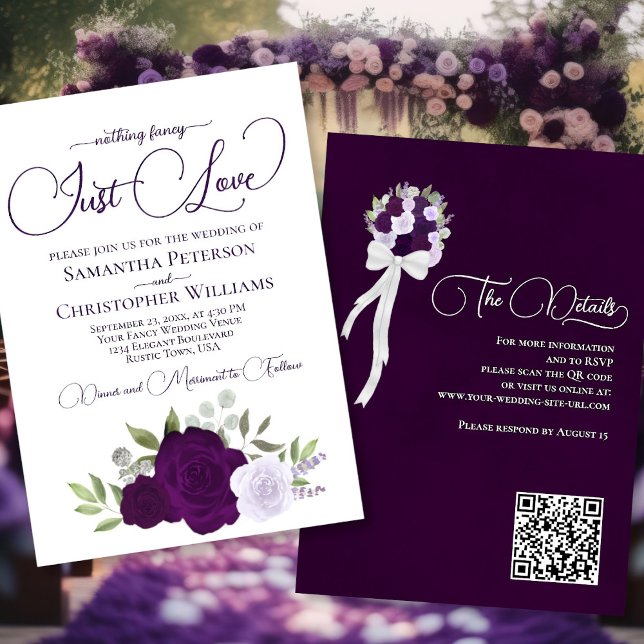 Just Love Purple Roses QR Code Boho Floral Wedding Invitation (Front/Back)