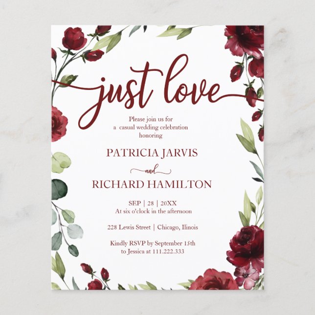 Just Love Red Flowers Budget Wedding Invitations (Front)