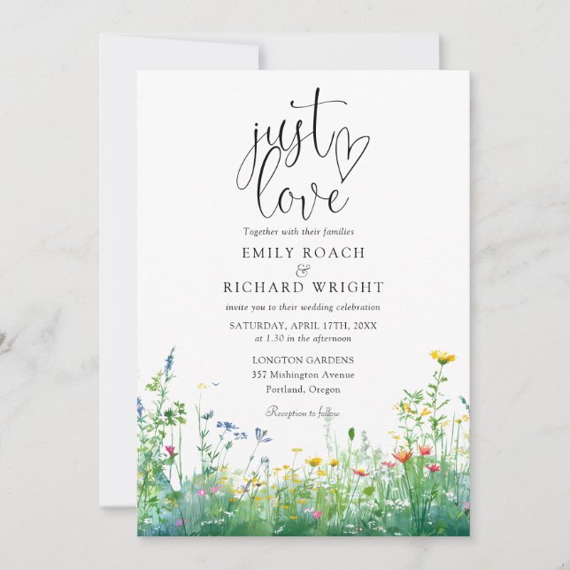 just Love Script Wildflowers Floral Wedding Invitation (Front)