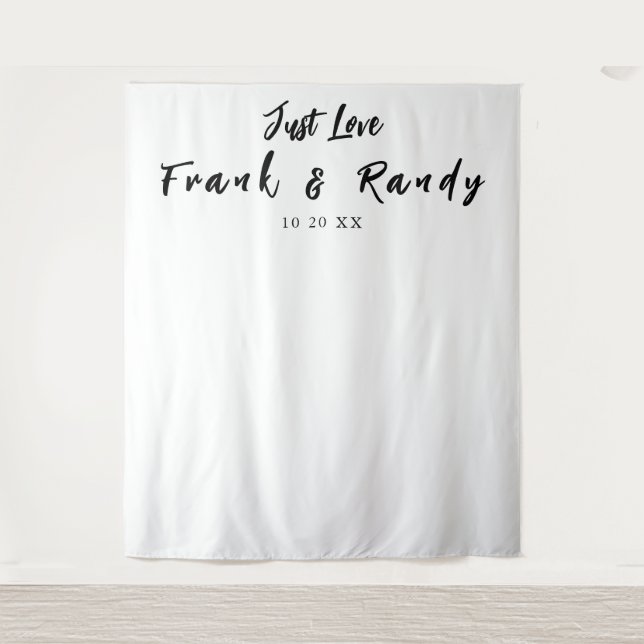 Just Love Simple White Black Wedding Wall Backdrop Tapestry (Front)