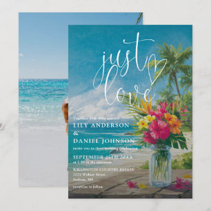 Just Love Tropical Beach Floral Photo Wedding Invitation