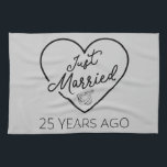 Just Married 25 Years Ago III Tea Towel<br><div class="desc">Cute design, perfect for anyone who's been married for 25 years and to a wedding vow renewal ceremony. It makes a great matching outfit for couples! 'Just Married 25 Years Ago' quote for a couple who got married 25 years ago or a couple renewing wedding vows on their silver anniversary....</div>