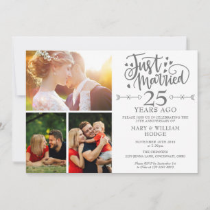 Just Married 25th Wedding Anniversary 3 Photo Invitation
