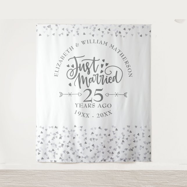 Just Married 25th Wedding Anniversary Backdrop Tapestry (Front)