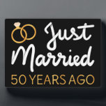Just Married 50 Years Ago IV Plaque<br><div class="desc">Cute design, perfect for anyone who's been married for 50 years and to a wedding vow renewal ceremony. It makes a great matching outfit for couples! 'Just Married 50 Years Ago' quote for a couple who got married 50 years ago or a couple renewing wedding vows on their golden anniversary....</div>
