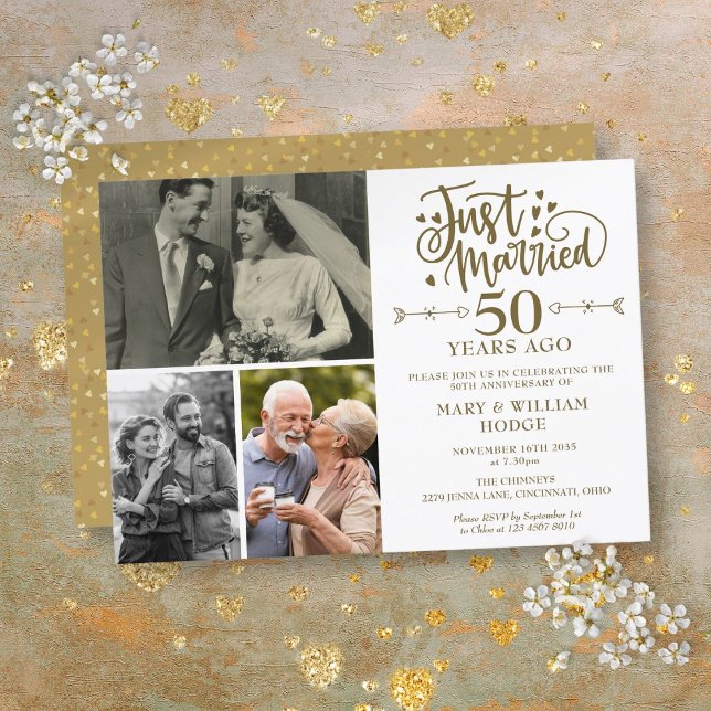 Just Married 50th Wedding Anniversary 3 Photo Invitation (Just Married 50th Wedding Anniversary 3 Photo Invitation)