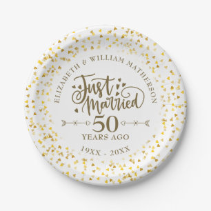 Just Married 50th Wedding Anniversary Gold Hearts Paper Plate