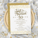 Just Married 50th Wedding Anniversary Invitation<br><div class="desc">Featuring delicate golden love hearts confetti. Personalise with your special fiftieth golden anniversary information in chic gold lettering. Designed by Thisisnotme©</div>