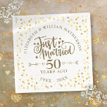 Just Married 50th Wedding Anniversary Napkin<br><div class="desc">Featuring delicate golden love hearts confetti. Personalise with your special fiftieth golden anniversary information in chic gold lettering. Designed by Thisisnotme©</div>