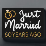 Just Married 60 Years Ago IV Plaque<br><div class="desc">Cute design, perfect for anyone who's been married for 60 years and to a wedding vow renewal ceremony. It makes a great matching outfit for couples! 'Just Married 60 Years Ago' quote for a couple who got married 60 years ago or a couple renewing wedding vows on their wedding anniversary....</div>