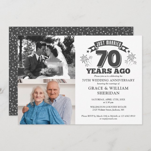 Just Married 70th Wedding Anniversary 2 Photo Invitation (Front/Back)