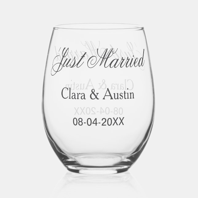 Just Married add couple name date year wedding sim Stemless Wine Glass (Front)