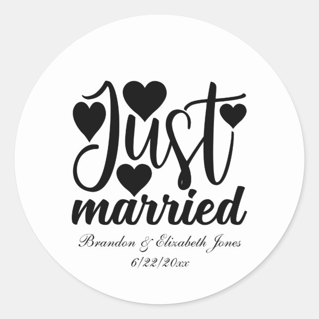 Just Married add names Date Wedding  Classic Round Sticker (Front)