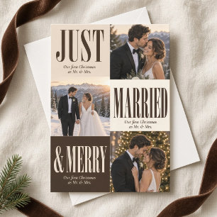 Just Married and Merry Three Photo Christmas Holiday Card