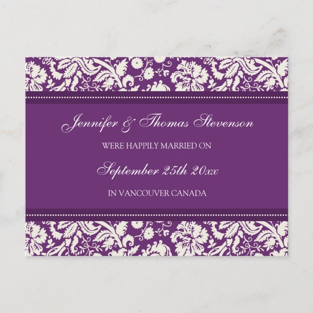 Just Married Announcement Postcards Plum Damask (Front)