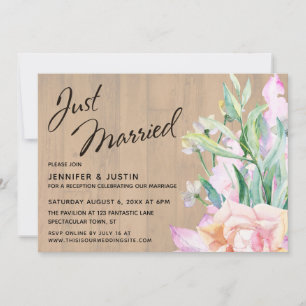 Just Married Artistic Watercolor Florals on Wood Invitation