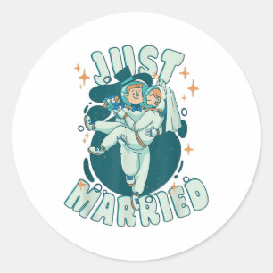 Just Married - Astronauts Funny Groom And Bride _1 Classic Round Sticker
