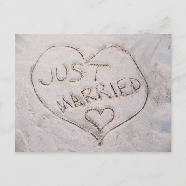 Just Married Beach Sand Writing Postcard (Front)