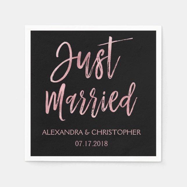 Just Married Black and Rose Gold Foil Napkins (Front)