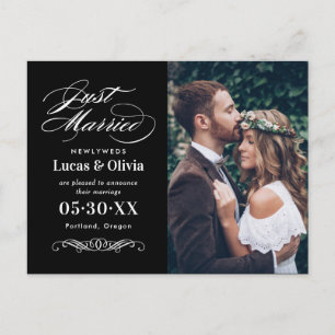Just Married Black and White Elegant Wedding Photo Announcement Postcard