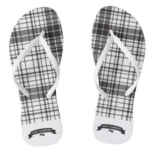 Just Married Black and White Plaid Thongs